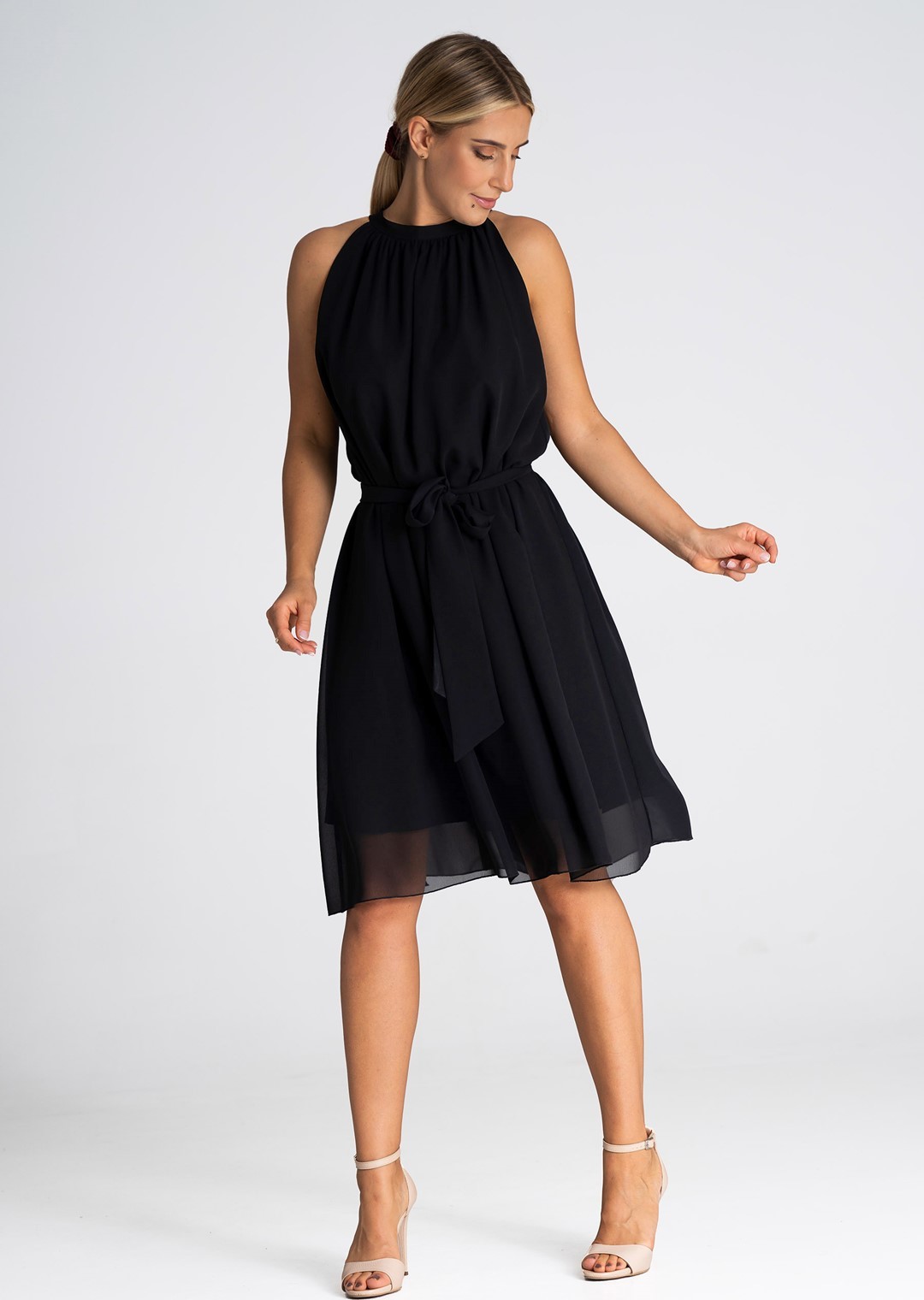 Černé šifonové šaty s mašlí M958 black Velikost: L/XL
