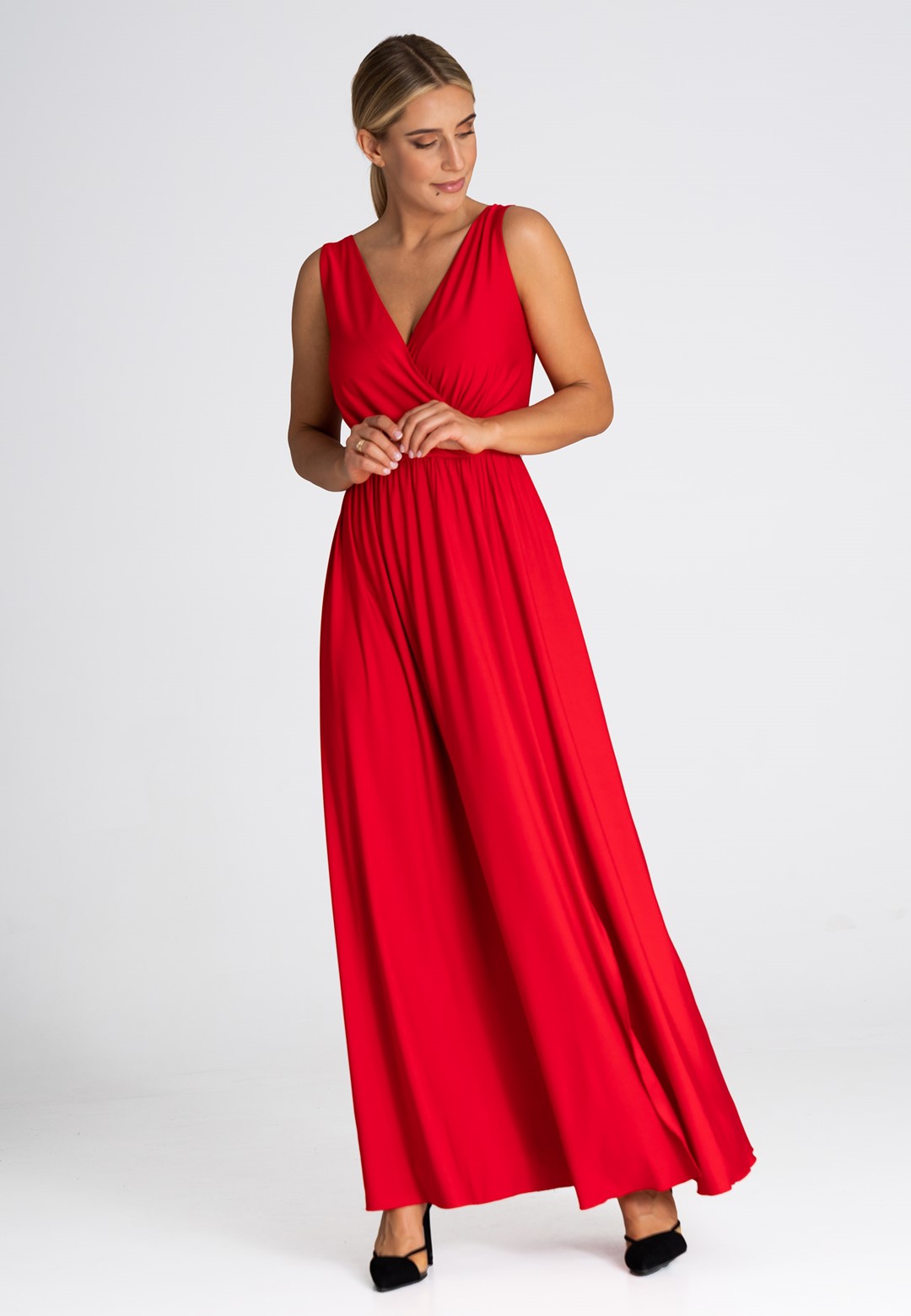 Červené maxi šaty s rozparkem M960 red Velikost: S