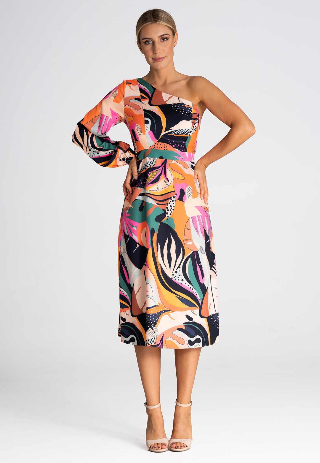 Barevné vzorované midi šaty s jedním rukávem M961 Velikost: M