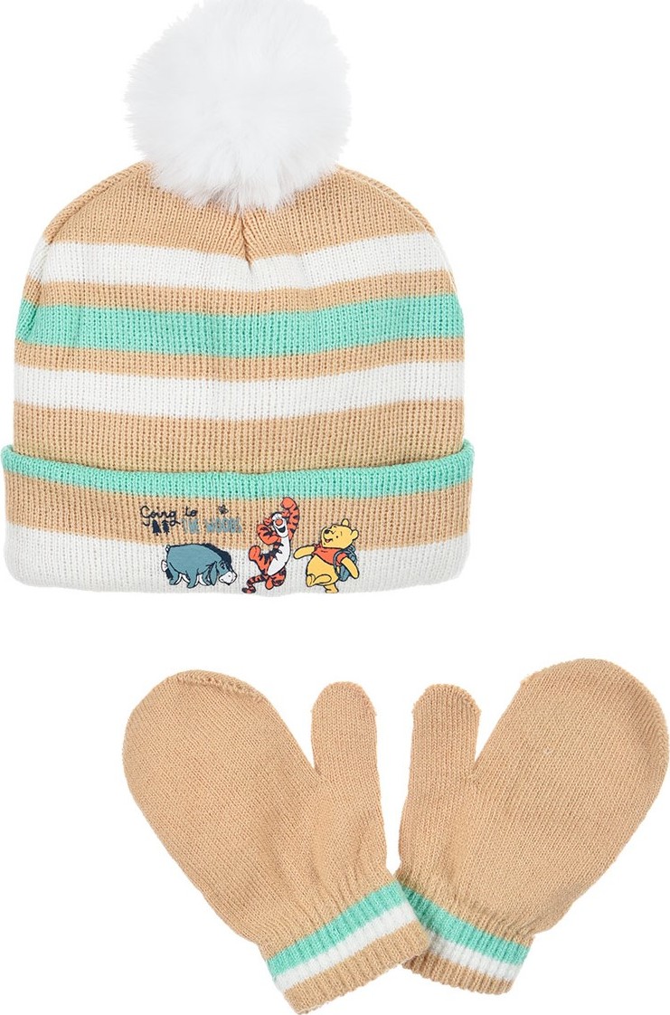 Winnie the Pooh béžovo-bílá pruhovaná čepice s rukavicemi Velikost: 48