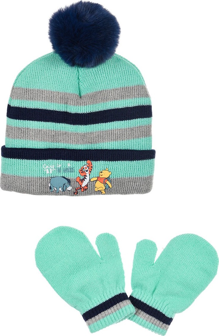 Winnie the Pooh mintovo-šedá pruhovaná čepice s rukavicemi Velikost: 48
