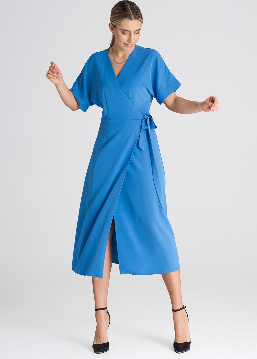 Modré midi zavinovací šaty M959 Velikost: S/M