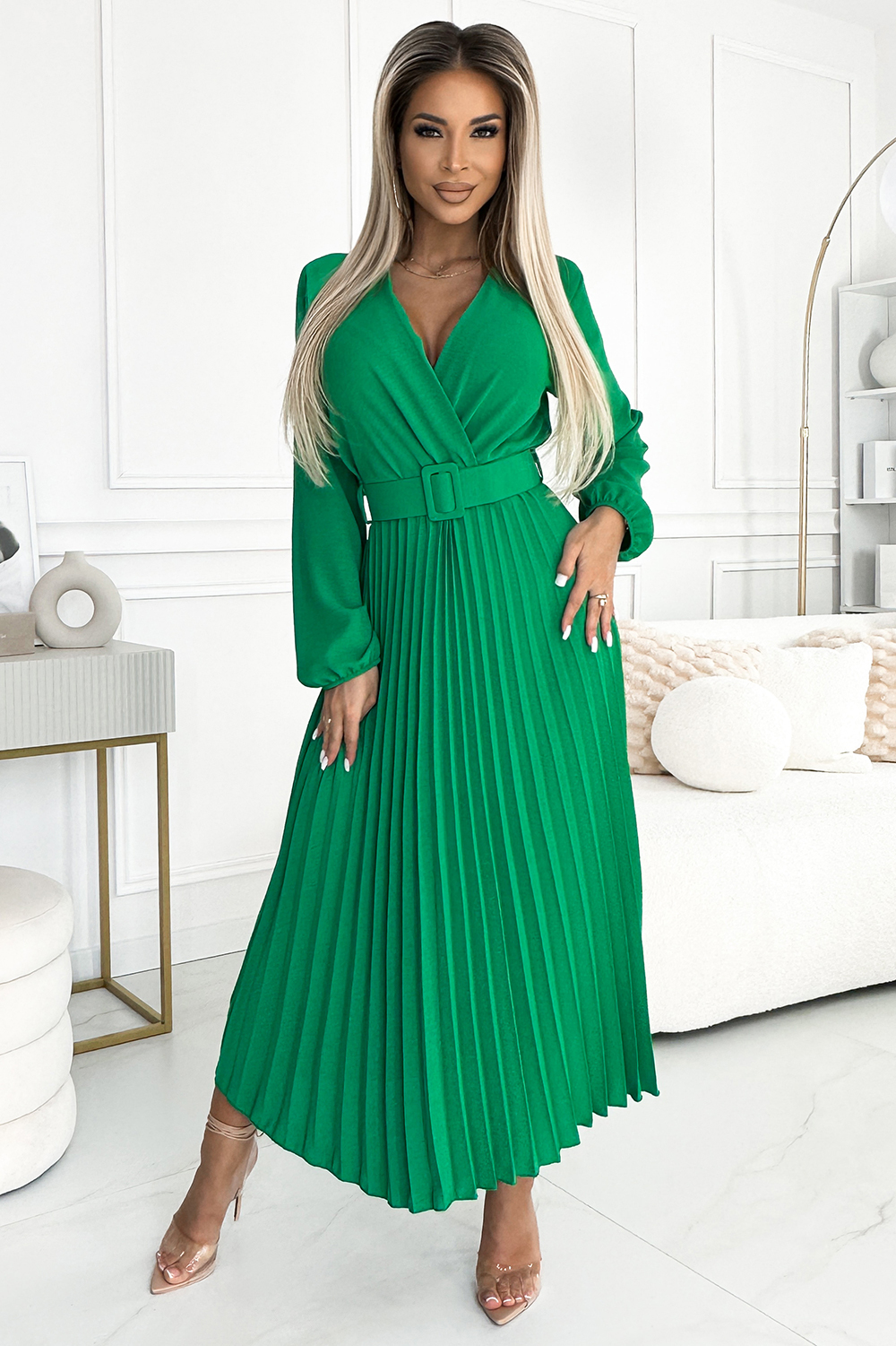 Zelené plisované midi šaty VIVIANA 504-4 Velikost: ONE SIZE