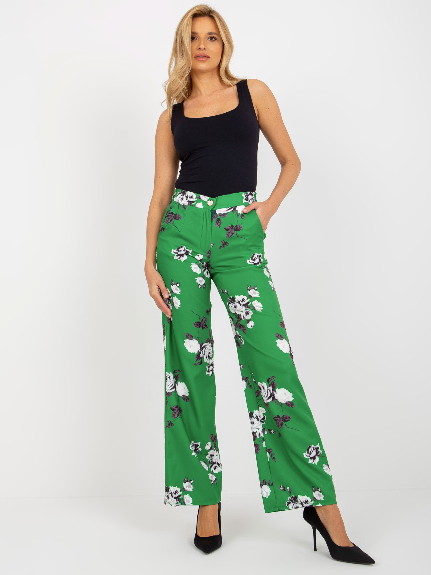 Zelené látkové květinové kalhoty LK-SP-508919.87P-green Velikost: 40