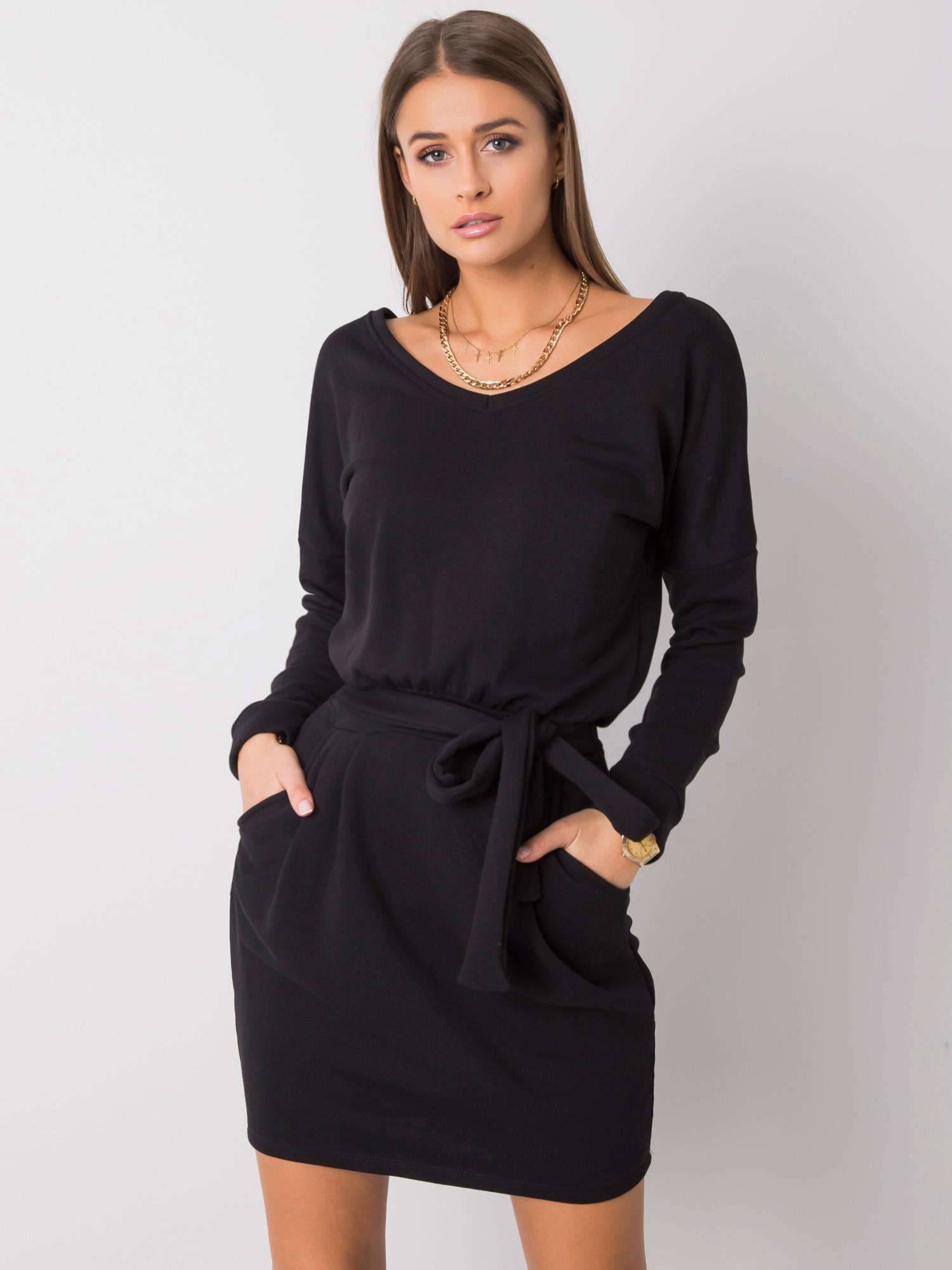 Černé mikinové šaty na uvázání v pase -RV-SK-6037.18X-black Velikost: M