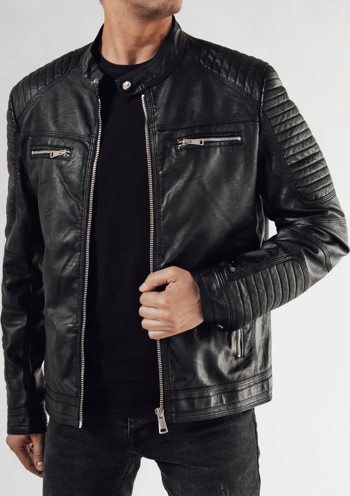 Černá koženková bunda s prošíváním TX4683 Velikost: XL