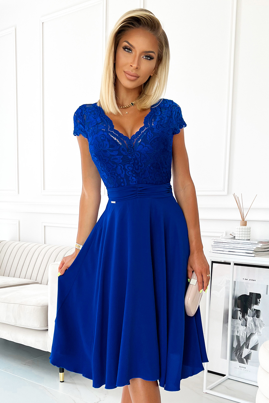 Modré šifónové šaty s krajkovým výstřihem ALEXIS 381-3 Velikost: XL