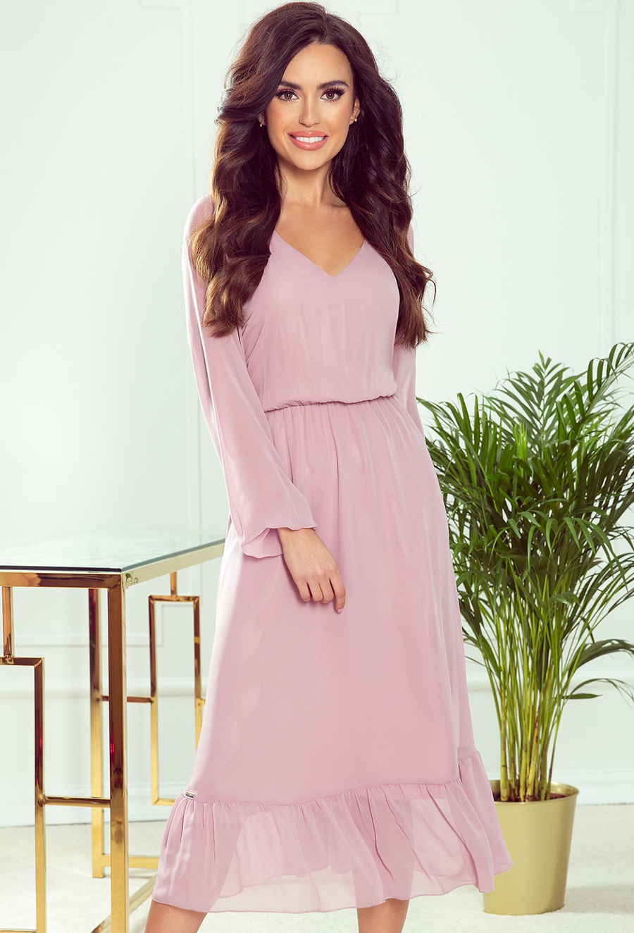 Světle růžové elegantní midi šaty EVELI 304-1 Velikost: L