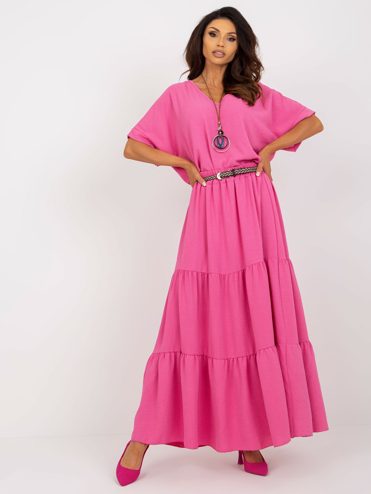 TMAVĚ RŮŽOVÁ VOLÁNOVÁ MAXI SUKNĚ DHJ-SD-8367.09-DARK PINK Velikost: ONE SIZE