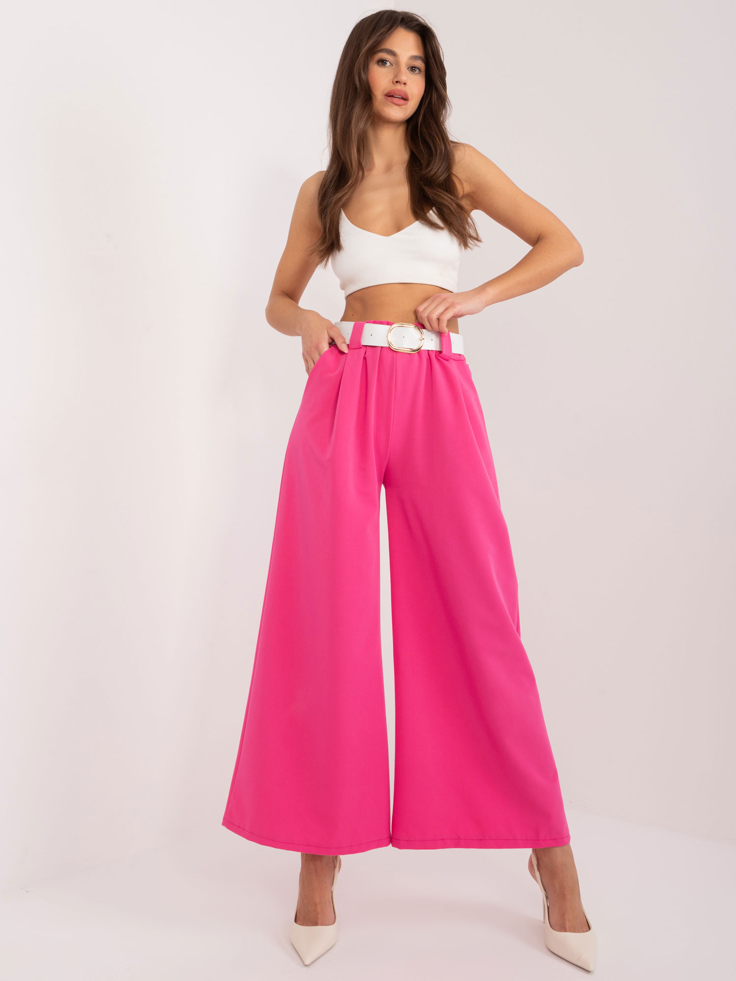 Tmavě růžové široké kalhoty s páskem DHJ-SP-5583.88-dark pink Velikost: ONE SIZE