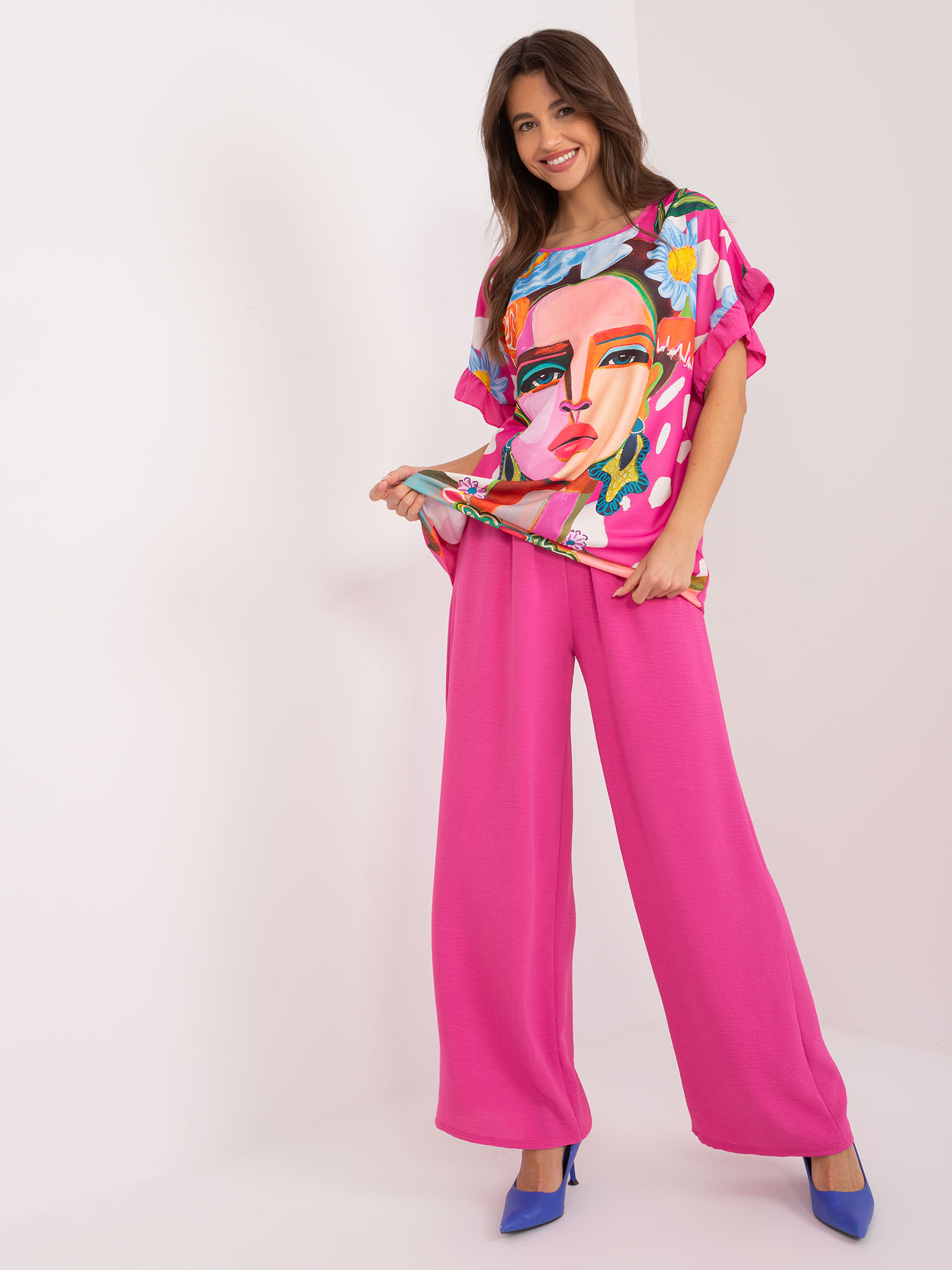 Tmavě růžový komplet širokých kalhot a volného trička s potiskem DHJ-KMPL-8935.27-dark pink Velikost: ONE SIZE