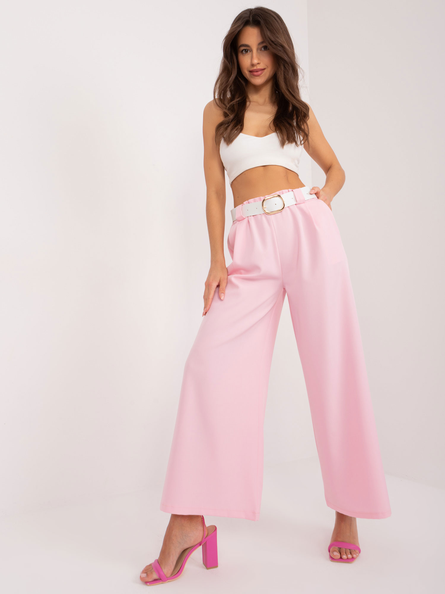 Světle růžové široké kalhoty s páskem DHJ-SP-5583.88-light pink Velikost: ONE SIZE