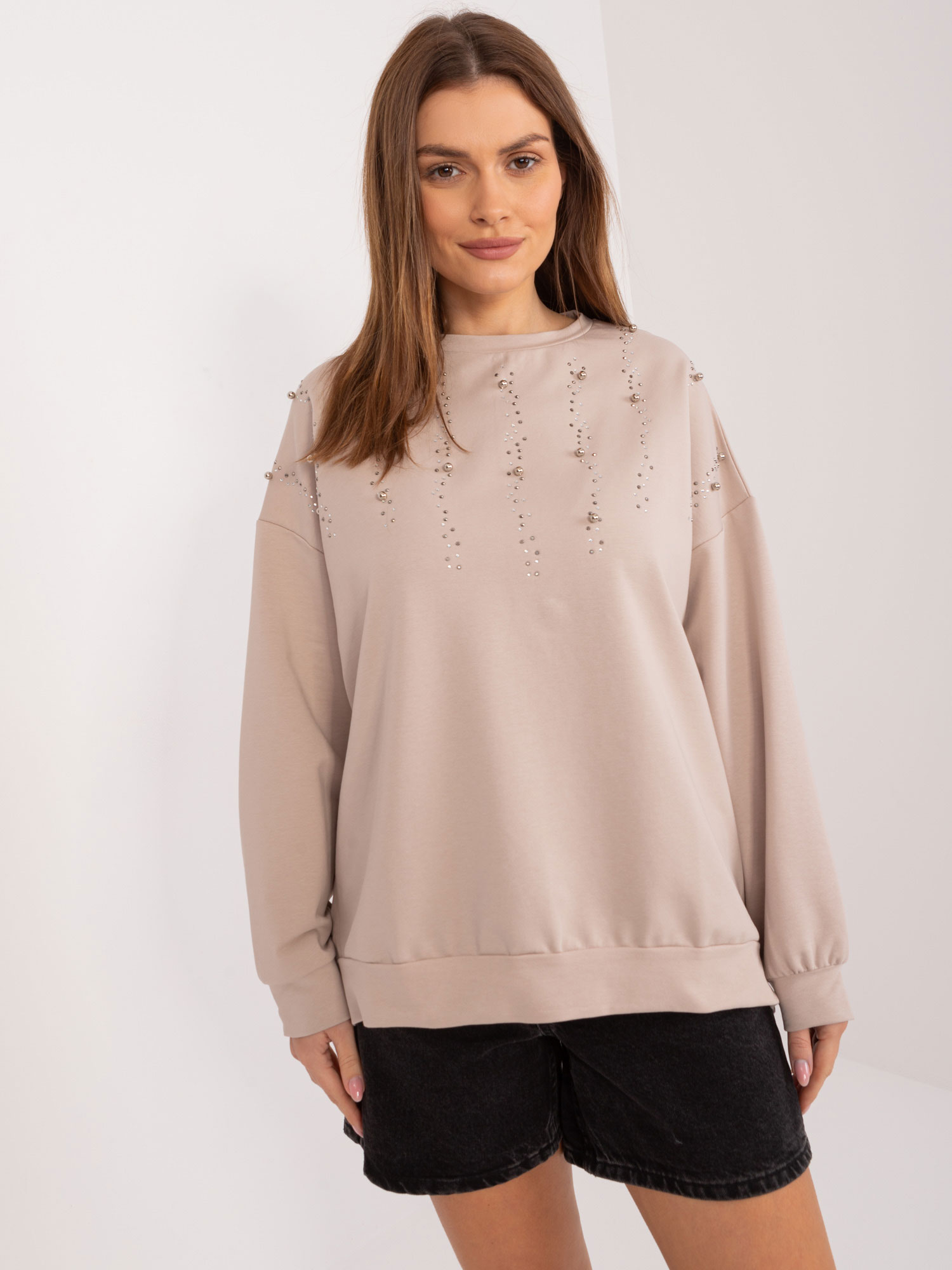 BÉŽOVÁ MIKINA S APLIKACÍ KAMÍNKŮ FA-BZ-9292.39X-BEIGE Velikost: ONE SIZE