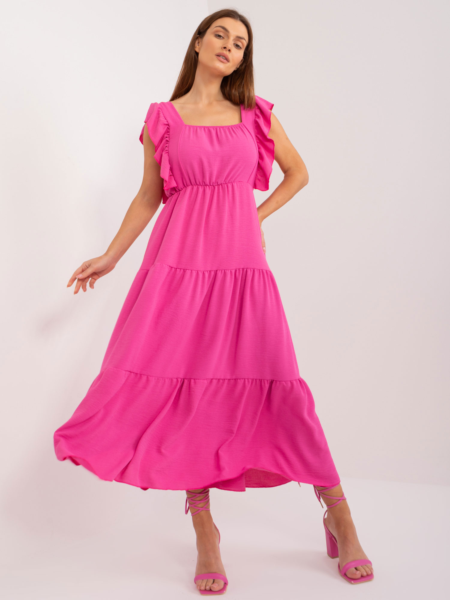 Růžové volné šaty s volány -DHJ-SK-8352.04-pink Velikost: ONE SIZE