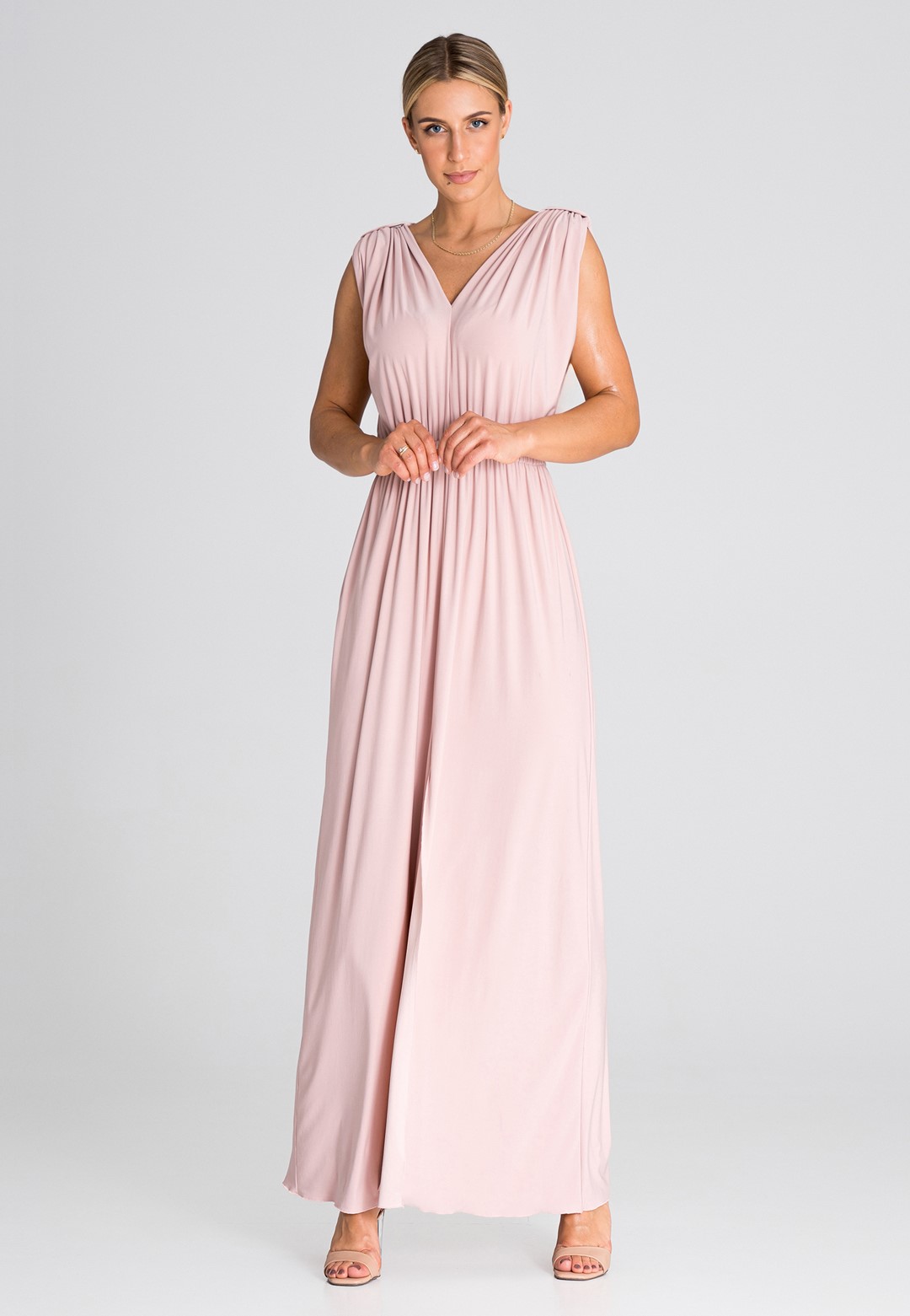 Světle růžové maxi šaty s rozparkem M947 light pink Velikost: L/XL