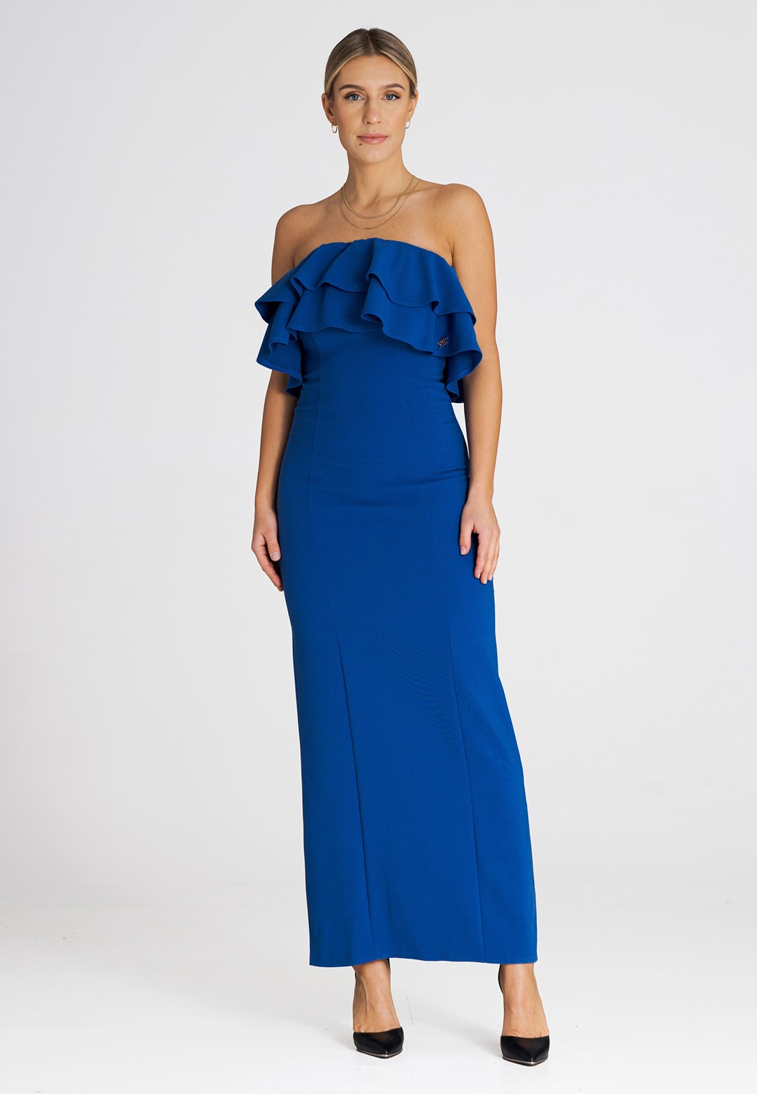 Modré přiléhavé šaty s volánky M987 sapfir Velikost: L