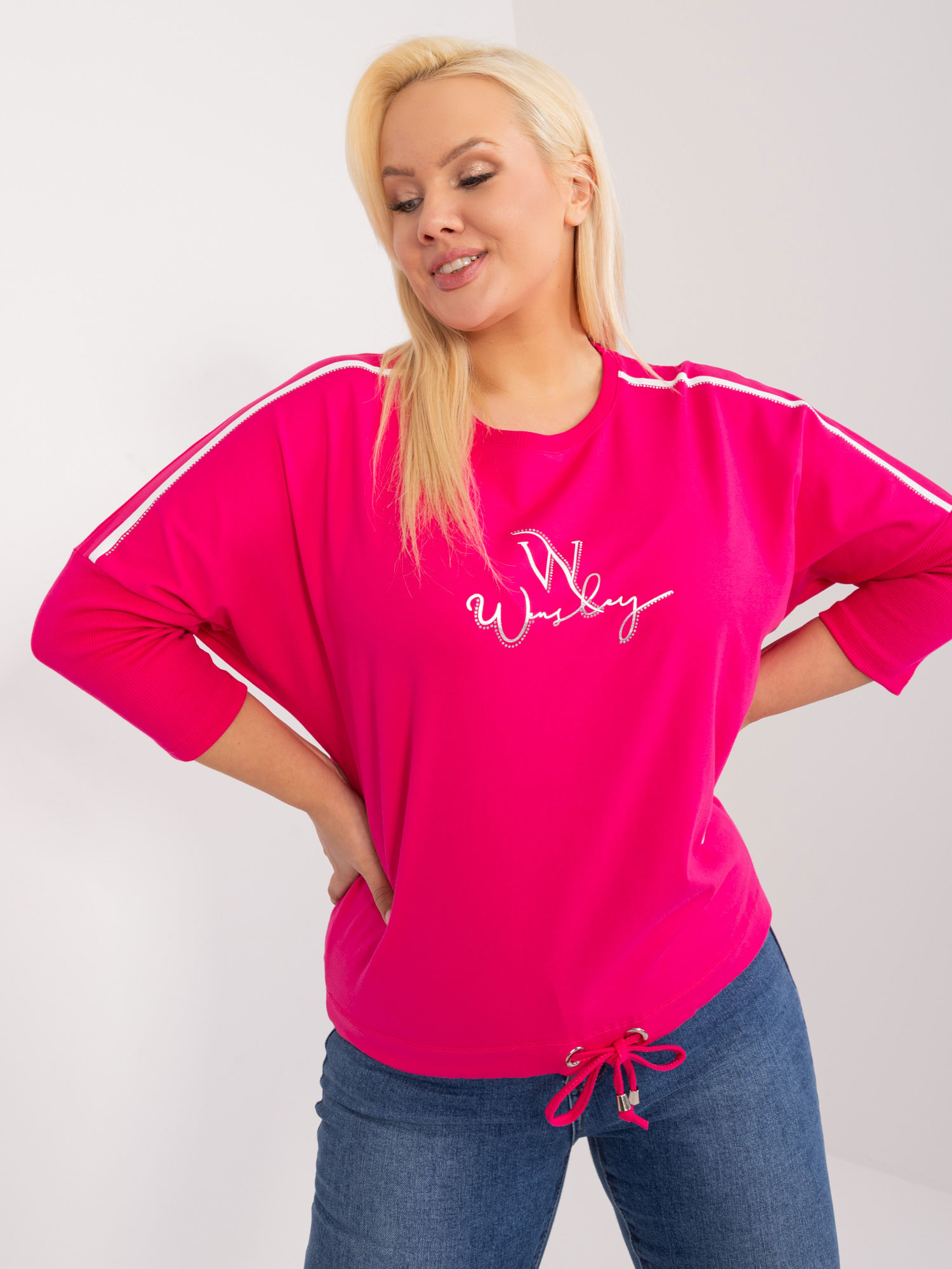 Tmavě růžové tričko s pruhem na rukávu RV-BZ-9497.02-fuchsia Velikost: ONE SIZE