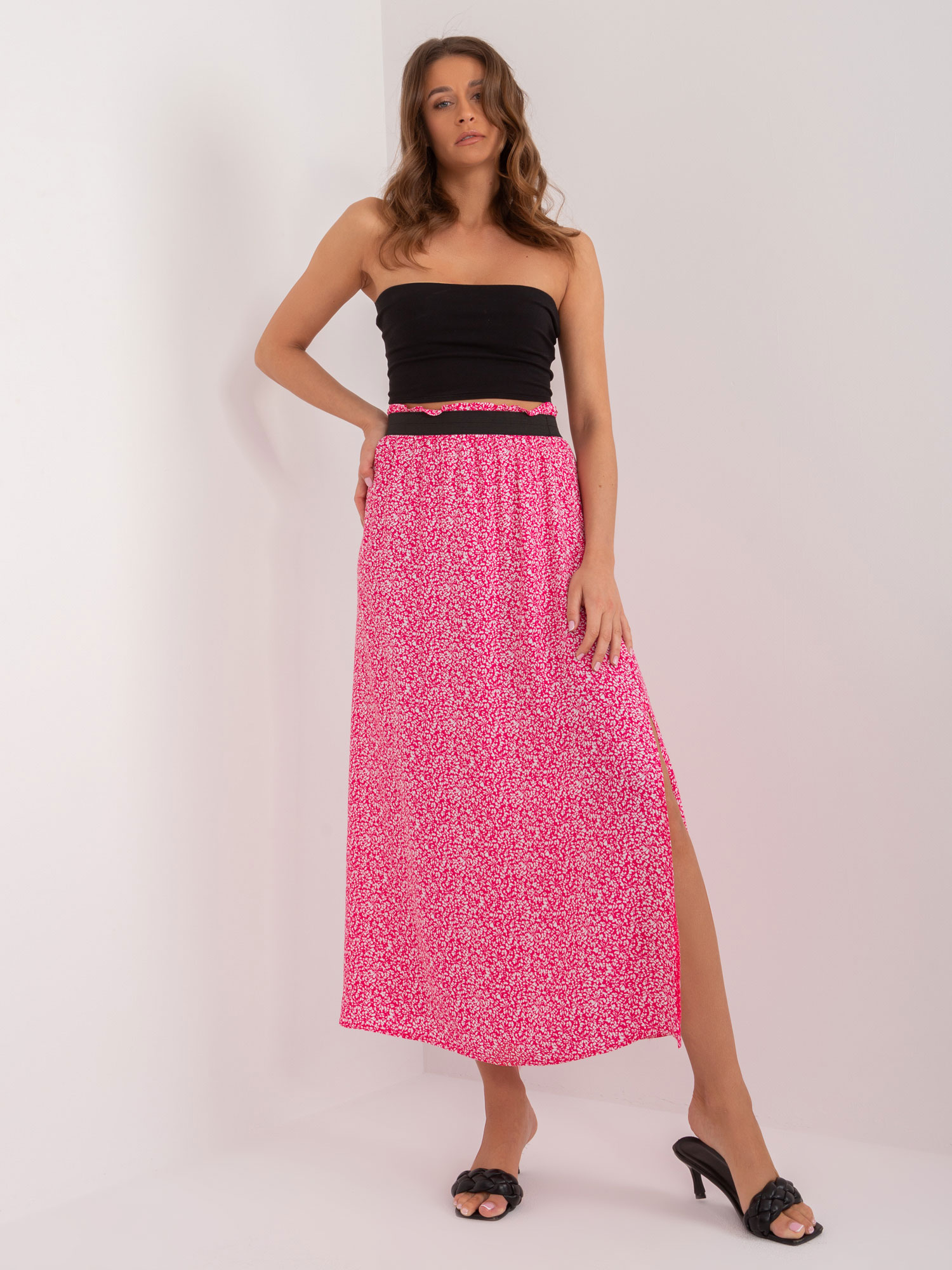 Tmavě růžová viskózová maxi sukně s rozparkem -D73771M50223A-ciemny różowy Velikost: L