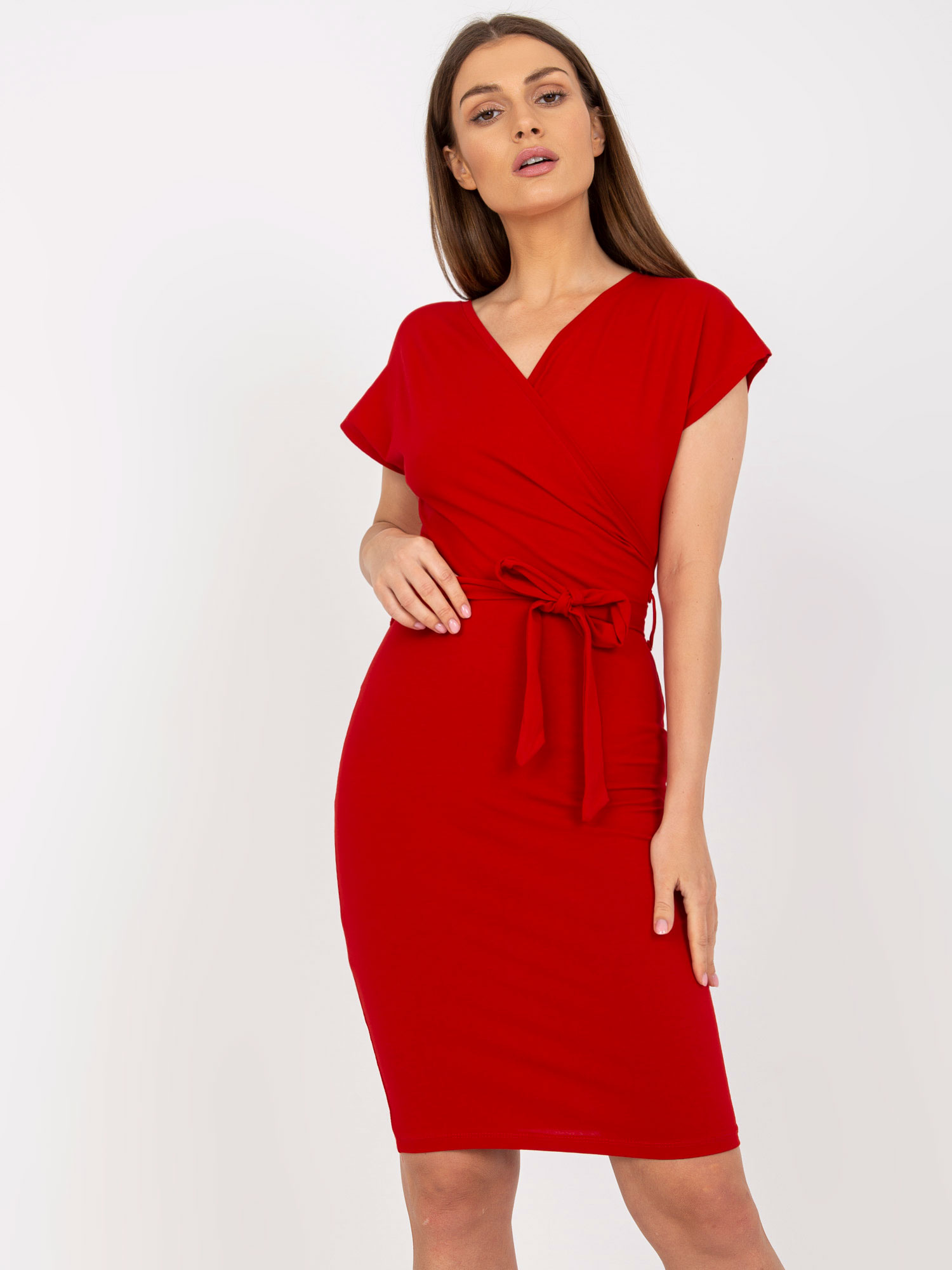 Červené elegantní šaty s vázáním -RV-SK-8018.91-red Velikost: L