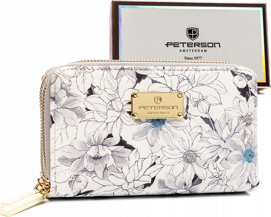 Peterson Bílá stylová dámská peněženka se zlatým logem a květinami PTN 007-F8 Velikost: ONE SIZE