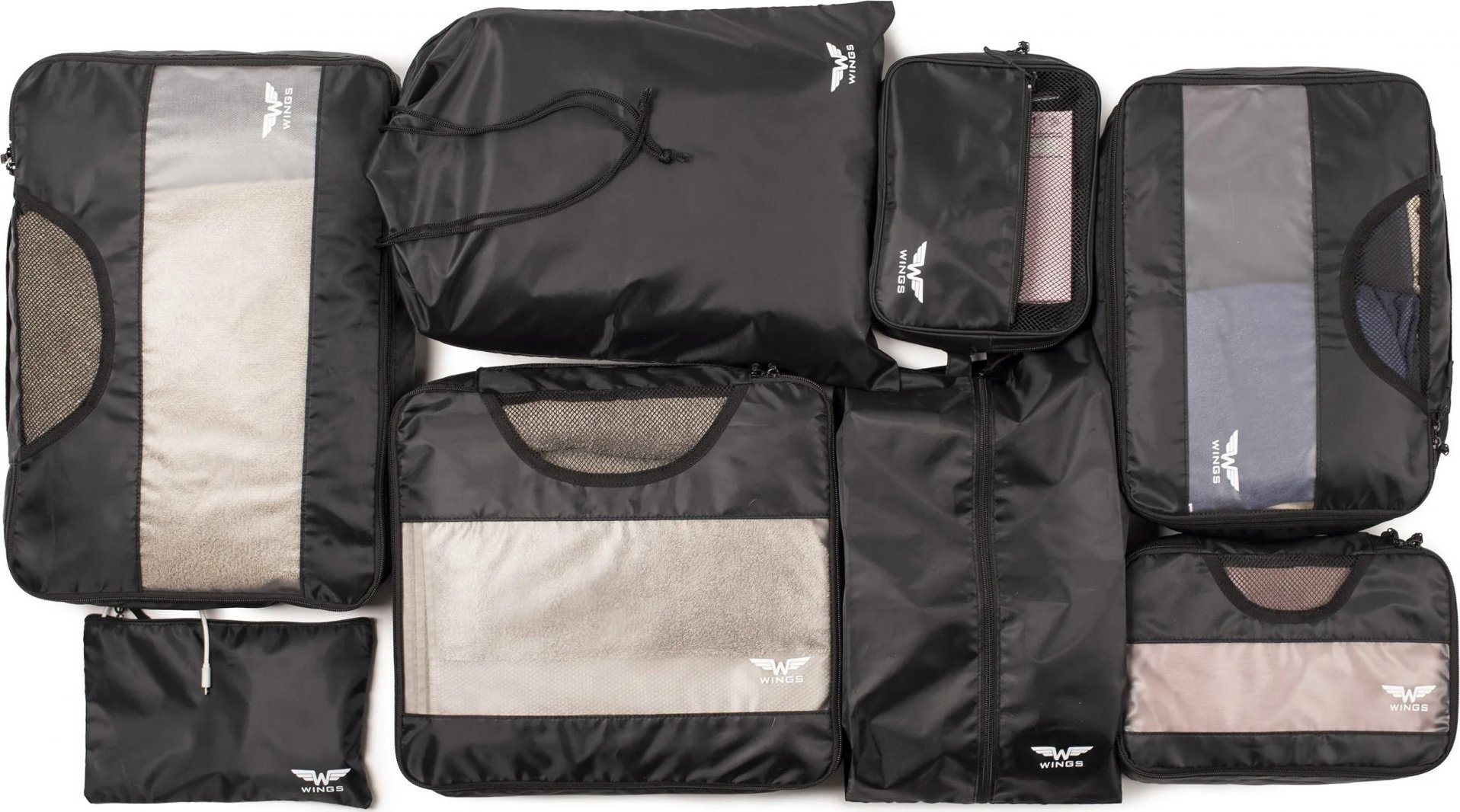 Černá sada 8 ks cestovních organizérů do kufru Wings (Velikost ONE SIZE)