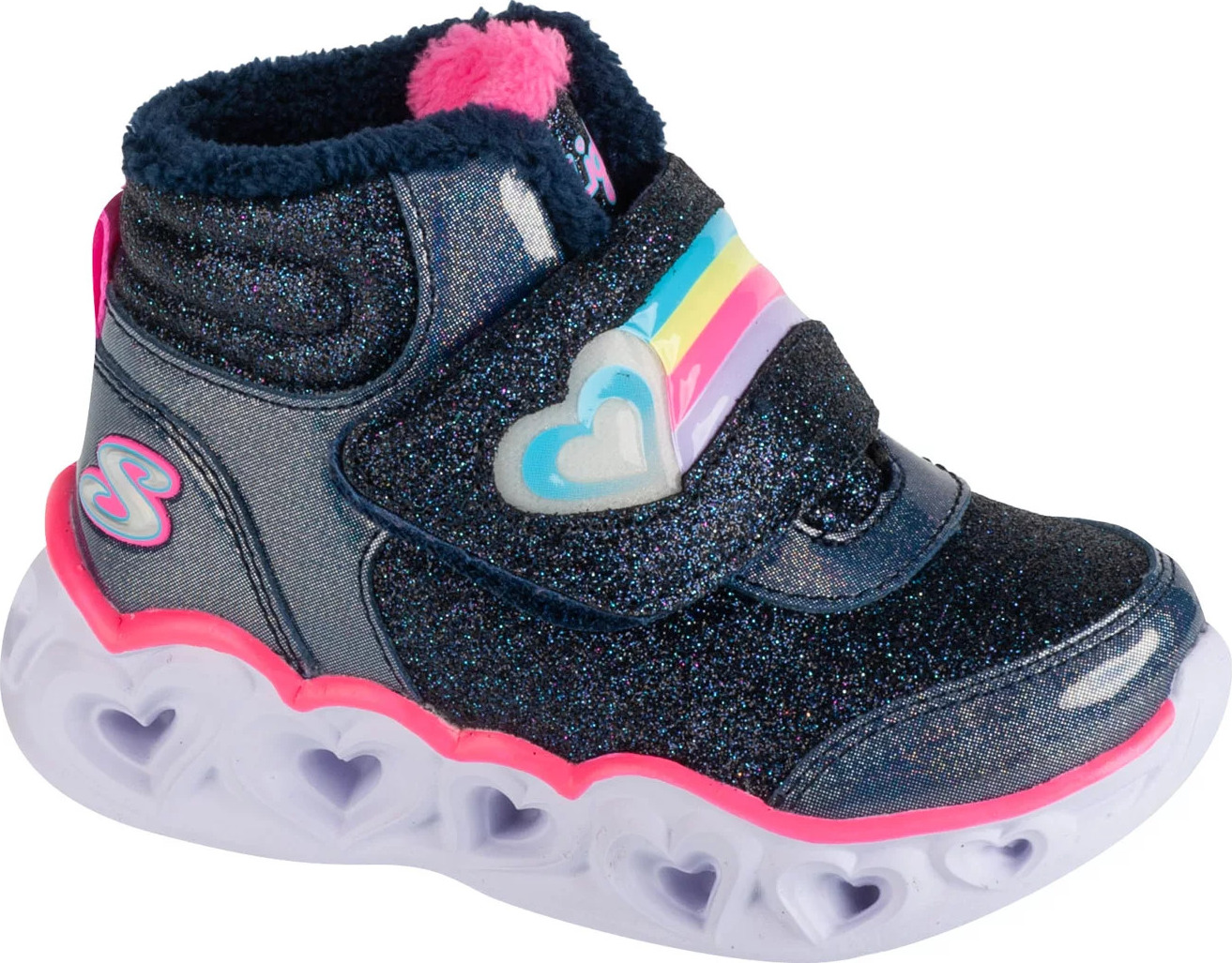 Tmavě modré dívčí svítící boty Skechers Heart Lights - Brilliant Rainbow (Velikost 23)