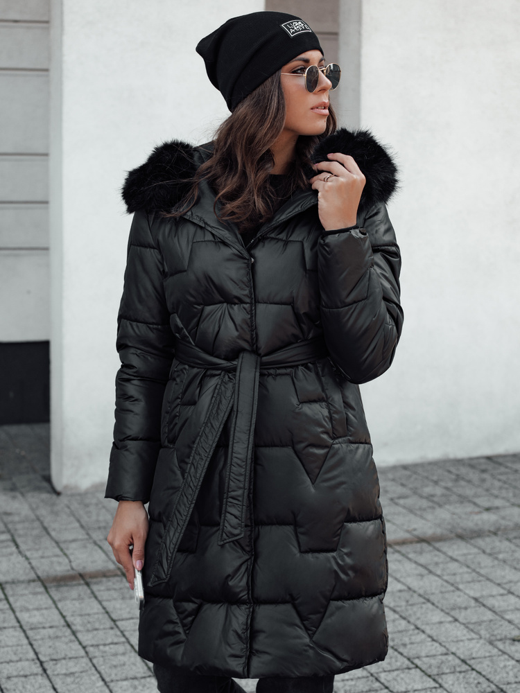 Černá dámská dlouhá prošívaná zimní bunda s kožíškem STYLOWQ (Velikost S)