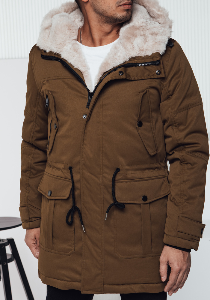 Hnědá pánská zimní parka s kapucí a kožíškem (Velikost M/48)