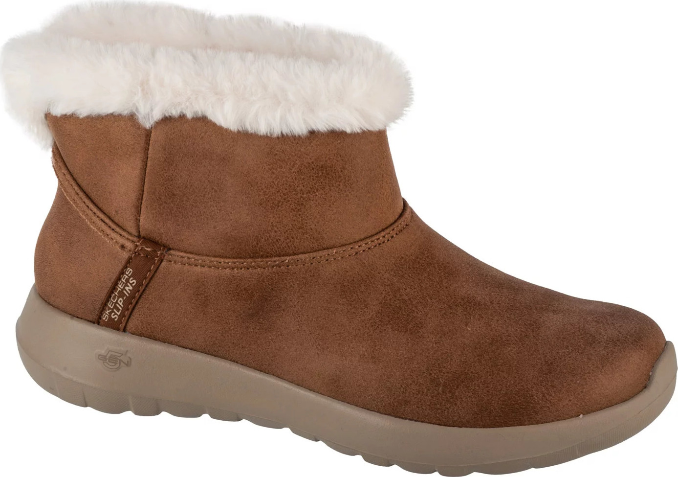 Hnědé dámské kotníkové boty s kožíškem Skechers Slip-Ins: On-The-Go - Cozy Dream (Velikost 36)
