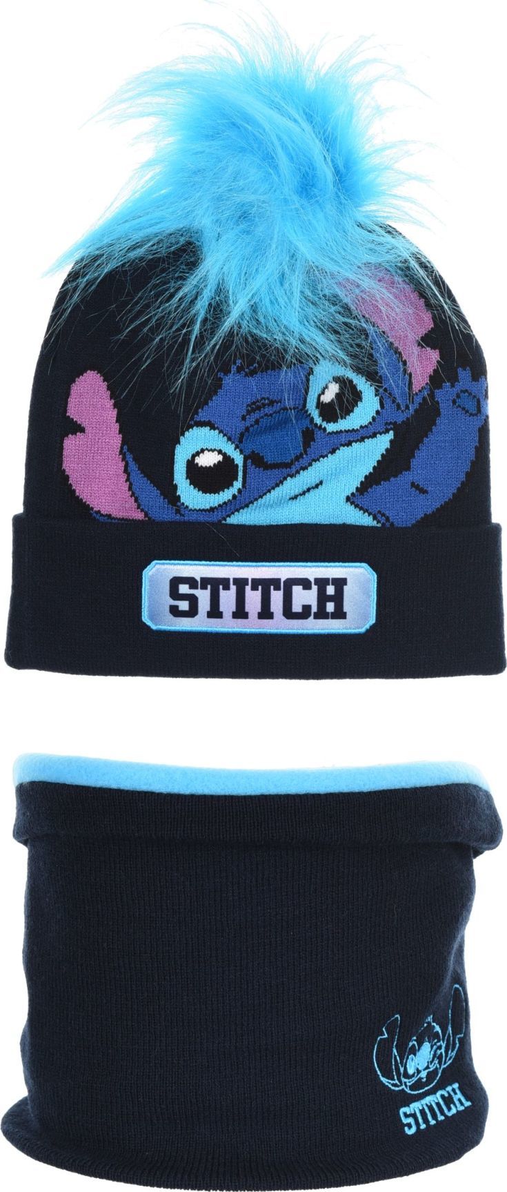 Tmavě modrý dívčí set čepice a nákrčníku Stitch (Velikost 52)