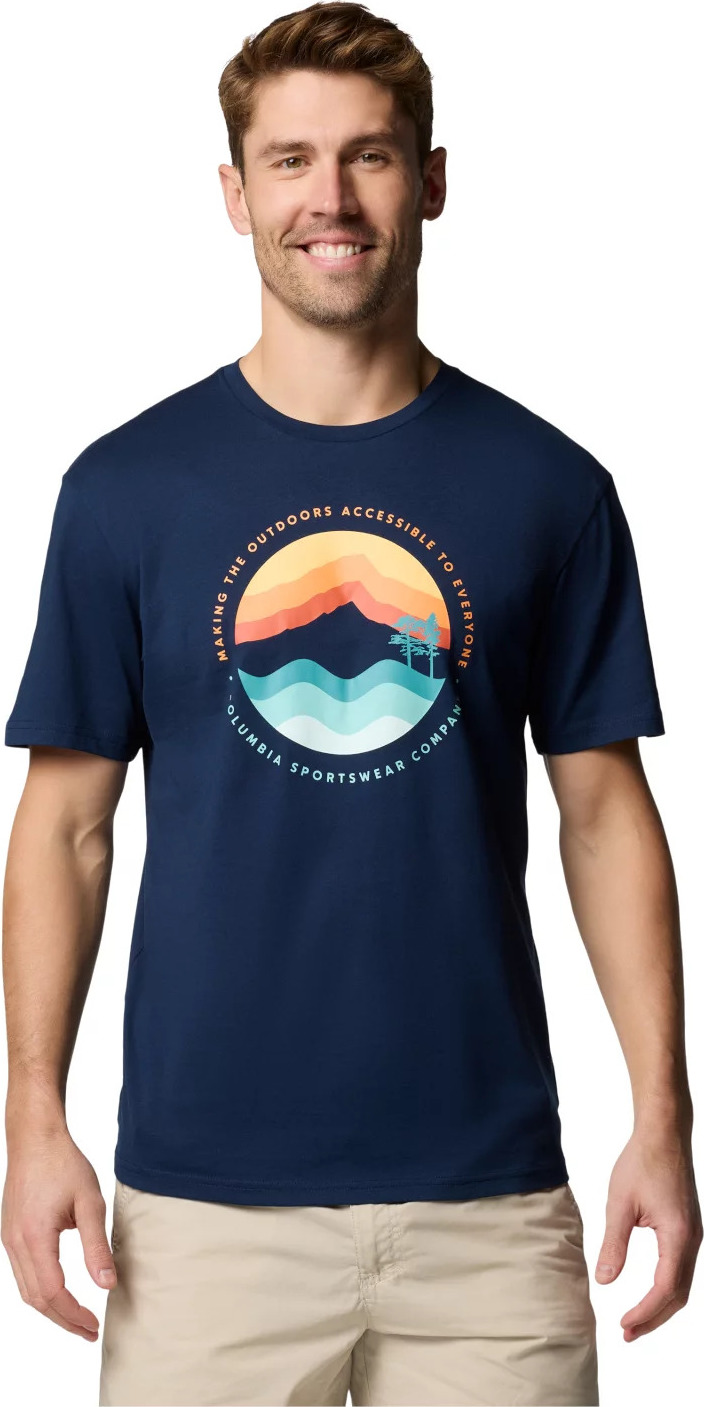 Tmavě modré pánské tričko s potiskem Columbia Path Lake II Graphic Tee (Velikost L)