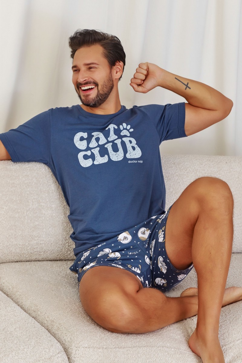 Modré pánské pyžamo s kočkami CAT CLUB (Velikost S)