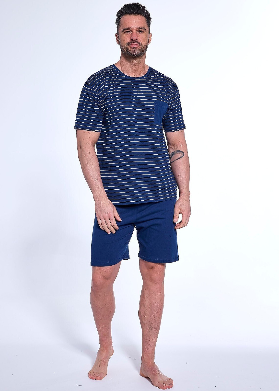 Tmavě modré pánské krátké pyžamo s pruhovaným tričkem Cornette (Velikost 2XL, Barva tmavě modrá)