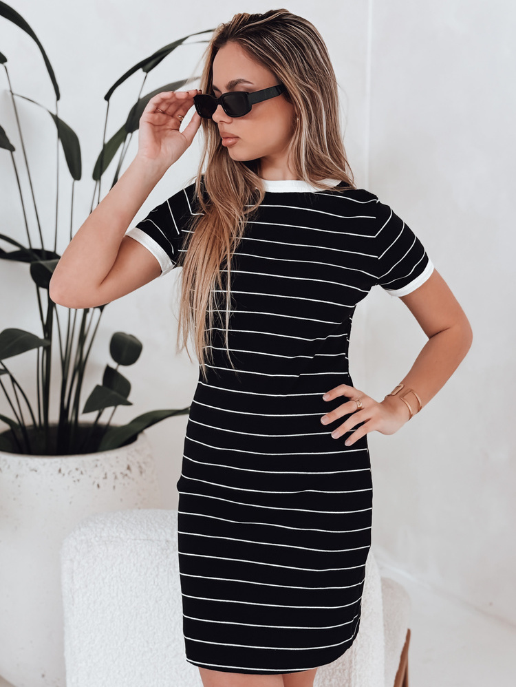 Žebrované černé dámské pruhované mini šaty FITLINES (Velikost S/M)