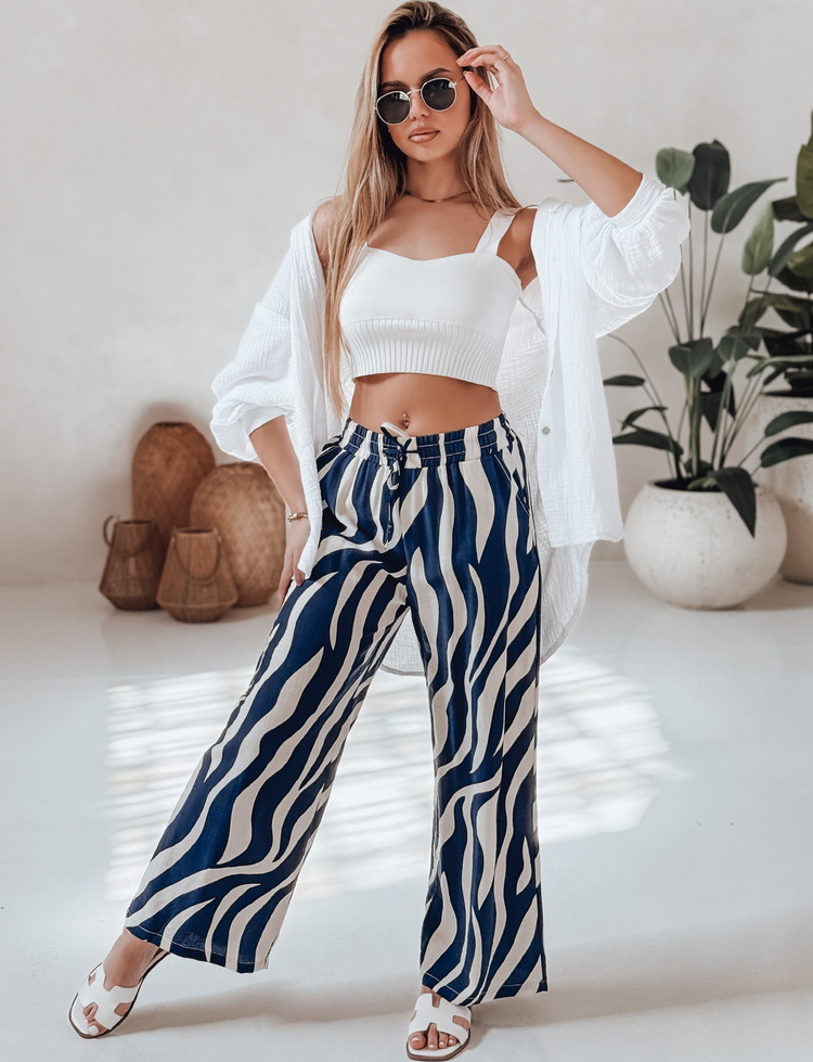 Modro-smetanové dámské široké letní kalhoty ZEBRAVIBE (Velikost M)