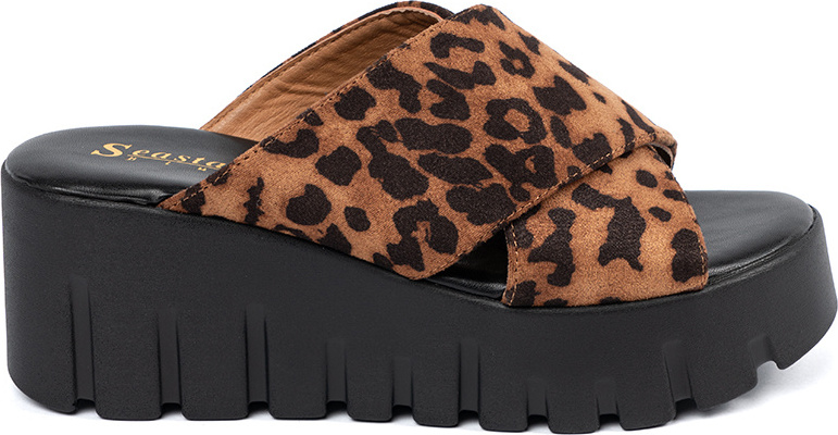 Semišové dámské nazouváky na klínku s leopardím vzorem, podpatek 6,5 cm (Velikost 36)