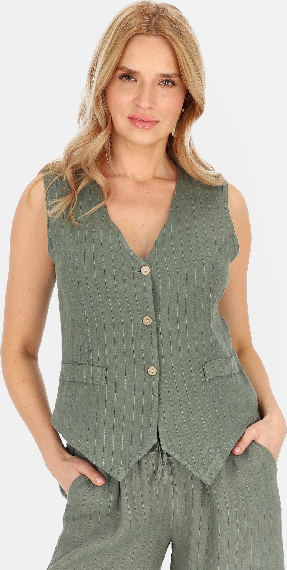 Khaki dámská elegantní lněná vesta s pruhy (Velikost 36)
