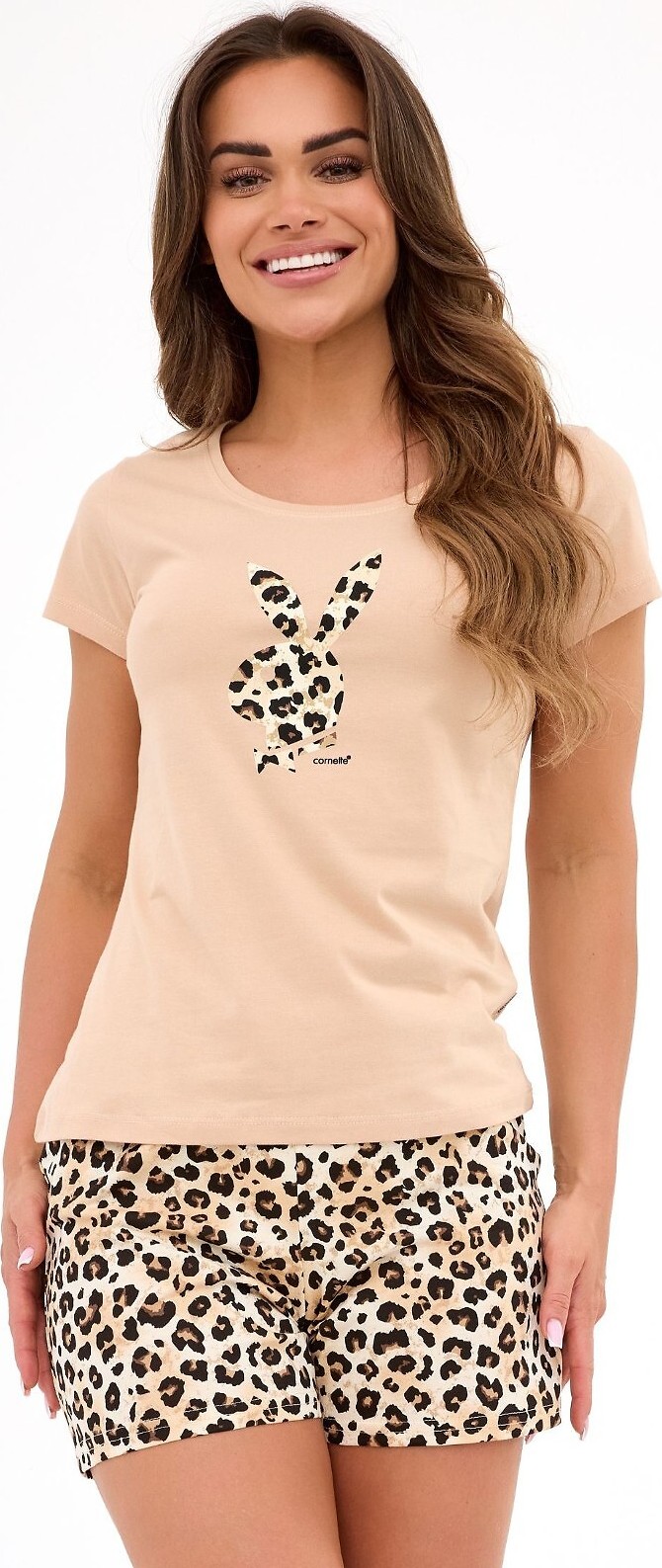 Cornette Dámské krátké pyžamo Bunnies s leopardím vzorem (Velikost M, Barva meruňková)