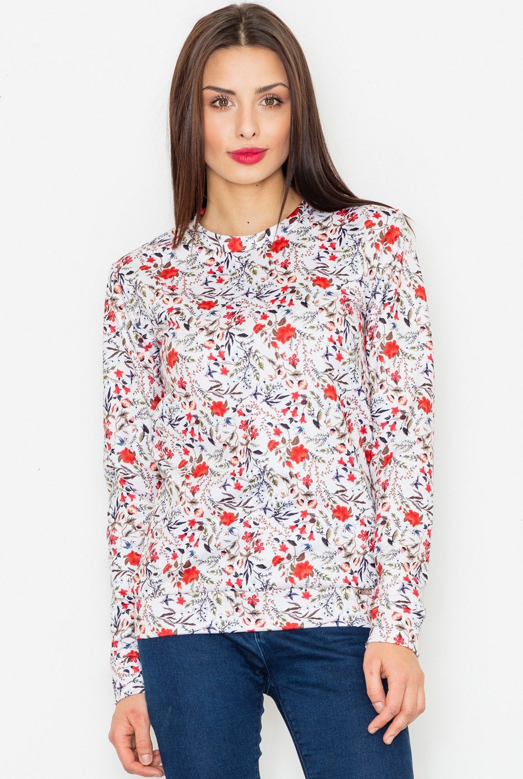 Dámská bílá mikina s potiskem červených květin M541 Pattern 57 (Velikost S)