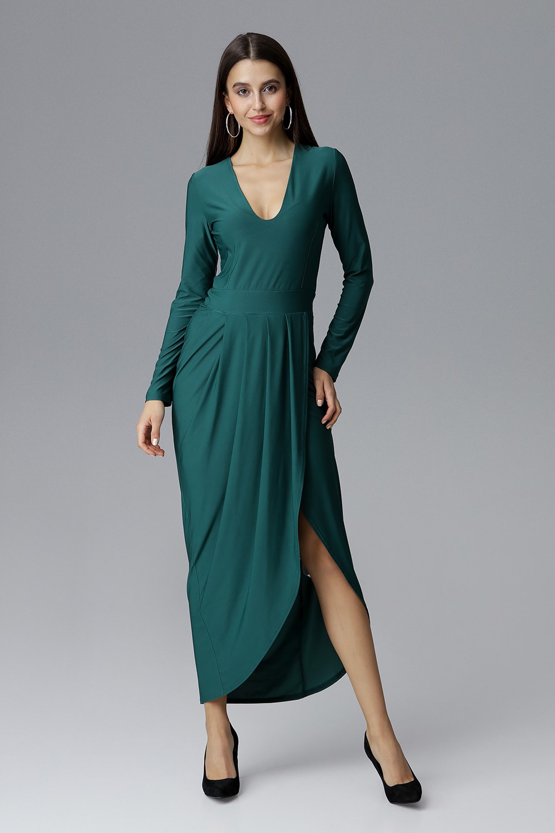 Zelené šaty s rozparkem M636 Green (Velikost S)