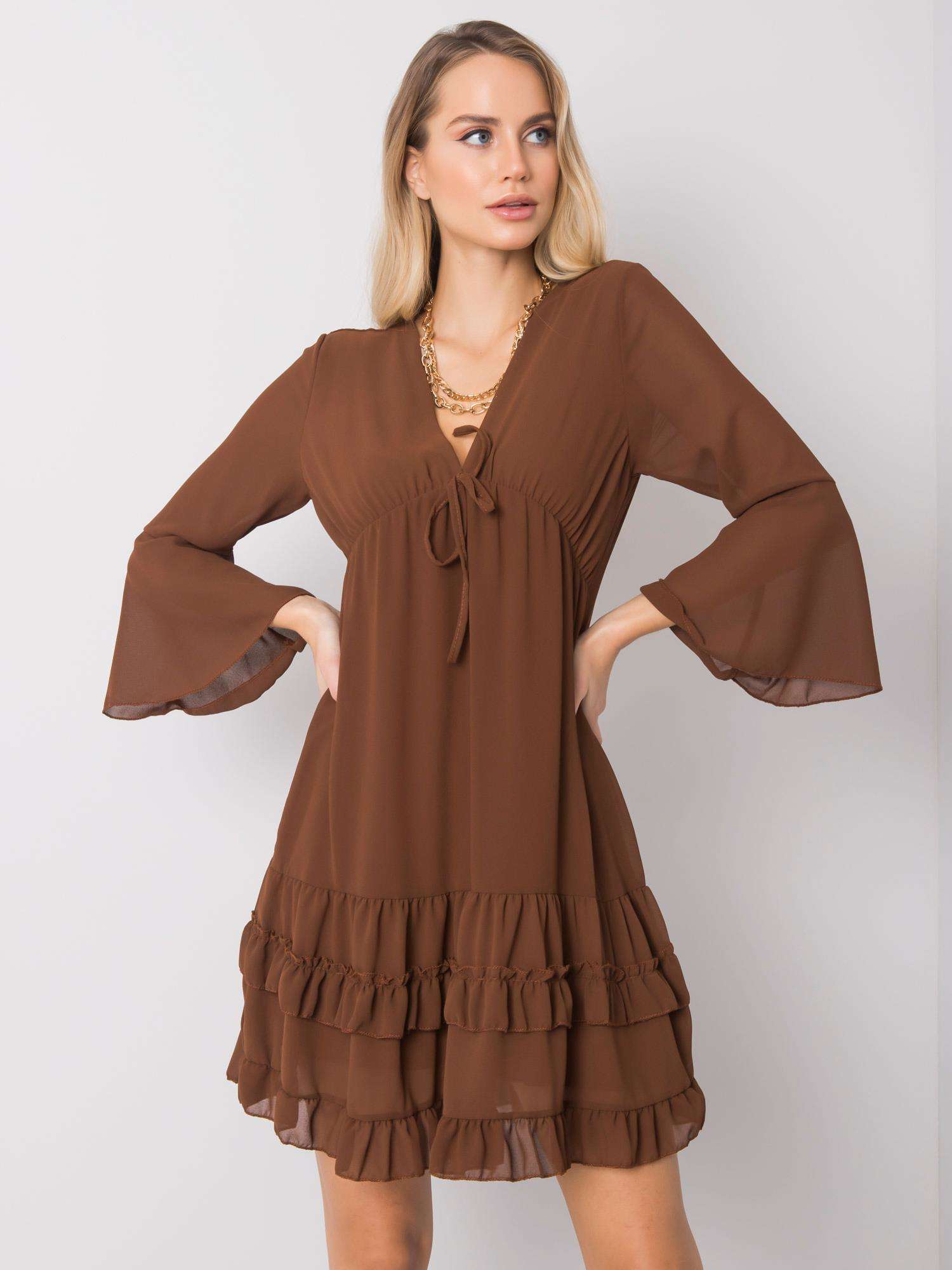 HNĚDÉ ŠATY S VOLÁNY DHJ-SK-10613B.07-BROWN Velikost: ONE SIZE