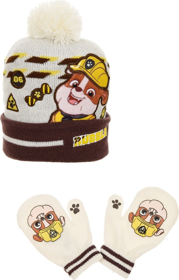 Bílo-hnědý set čepice a rukavic Tlapková patrola - pro chlapce