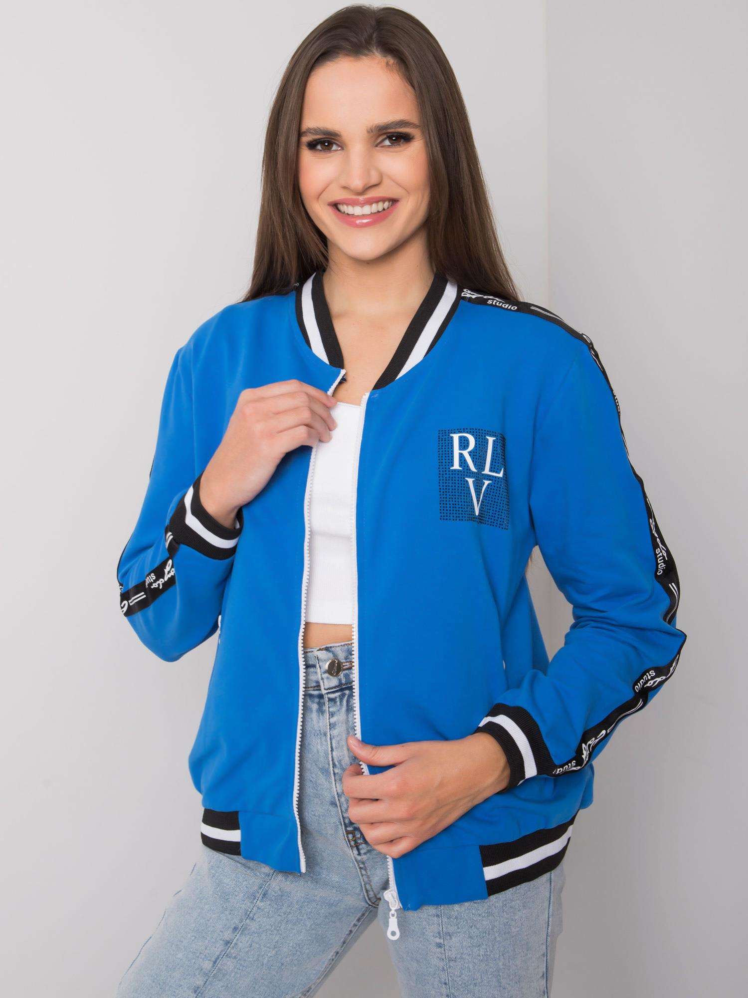 MODRÁ DÁMSKÁ MIKINA S POTISKEM NA ZIP RV-BL-6858.19P-BLUE Velikost: L/XL