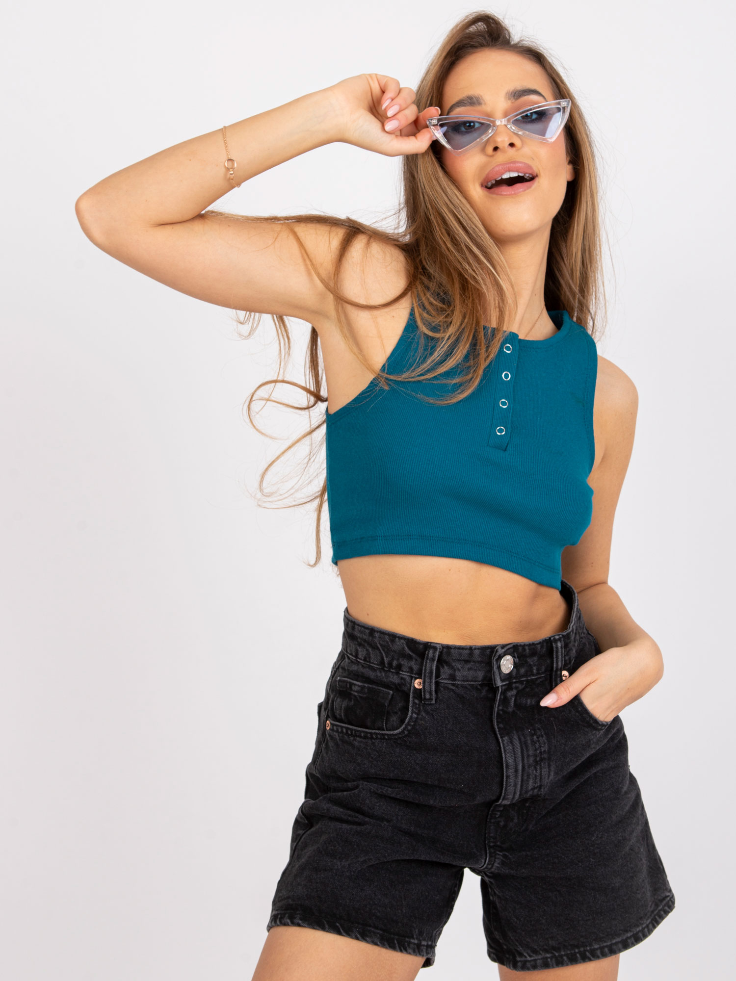 PETROLEJOVÝ CROP TOP S KNOFLÍČKY RILEY -RV-TP-7528.11X-PETROL BLUE Velikost: M