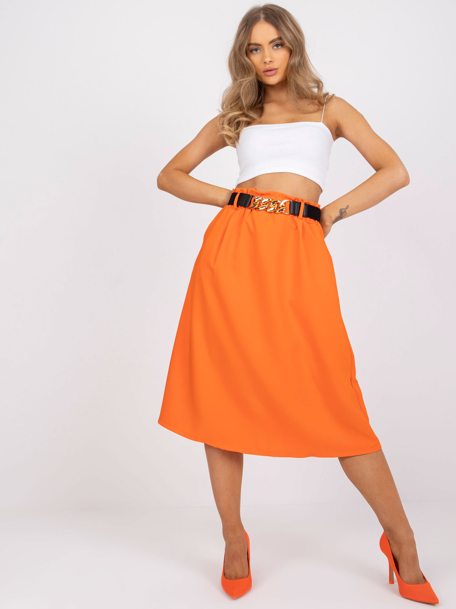 ORANŽOVÁ MIDI SUKNĚ S PÁSKEM -DHJ-SD-13169.58P-ORANGE Velikost: ONE SIZE