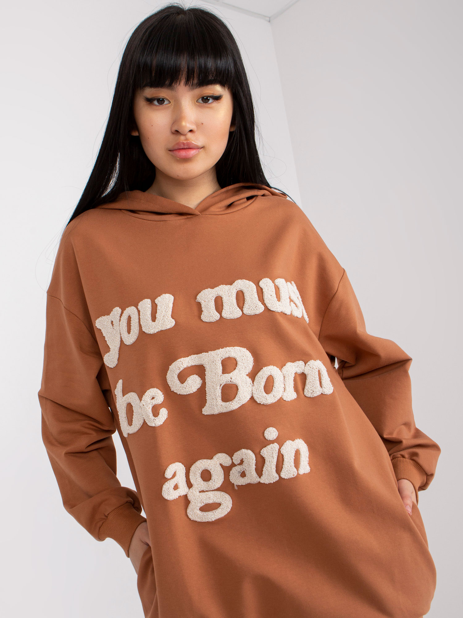 SVĚTLE HNĚDÁ MIKINA "YOU MUST BE BORN AGAIN" -FA-BL-7716.39-LIGHT BROWN Velikost: ONE SIZE