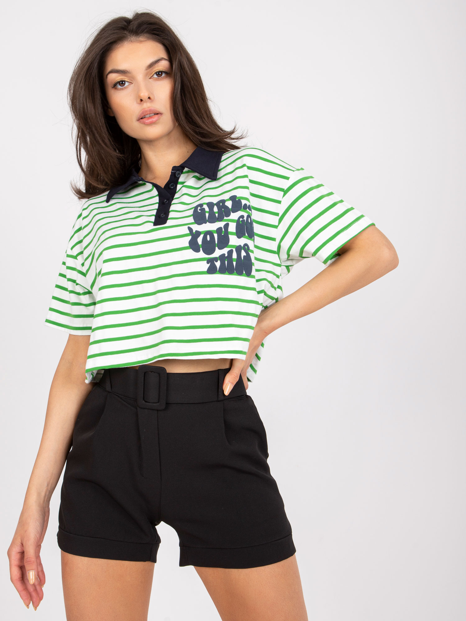 BÍLO-ZELENÝ POLO CROP TOP "GIRL... YOU GOT THIS" FA-BZ-7785.91P Velikost: ONE SIZE