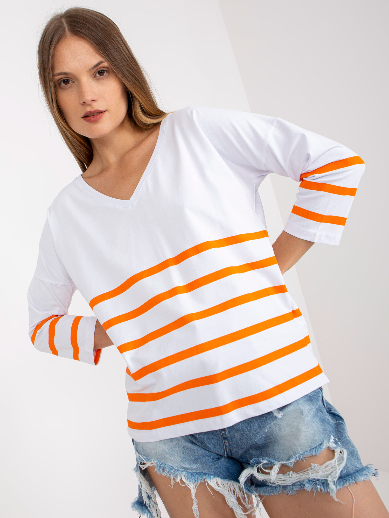 BÍLO-ORANŽOVÁ PRUHOVANÁ HALENKA -RV-BZ-8008.63-WHITE Velikost: S/M