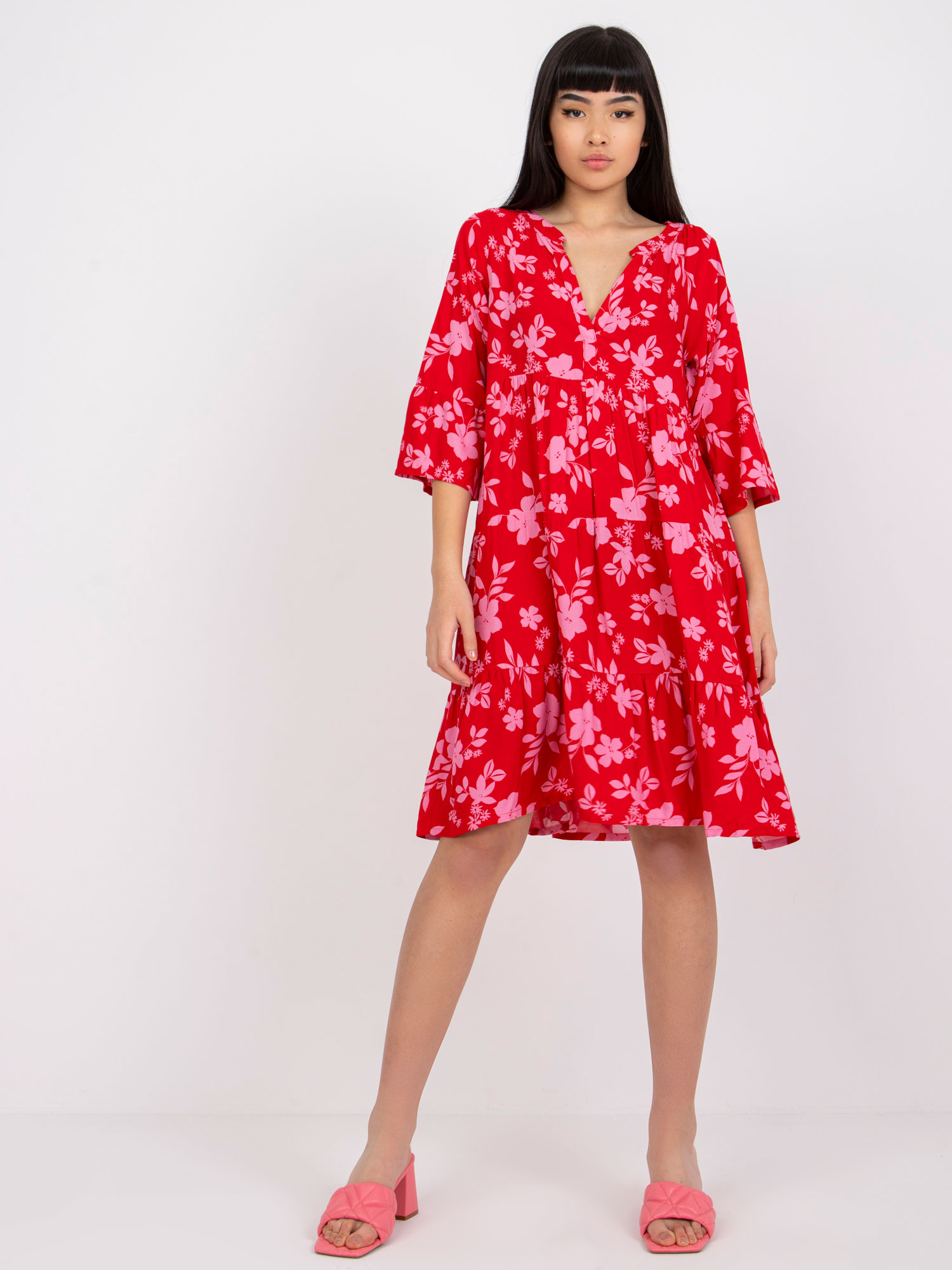 ČERVENÉ OVERSIZE MIDI KOŠILOVÉ ŠATY D73771M30214C-RED Velikost: M