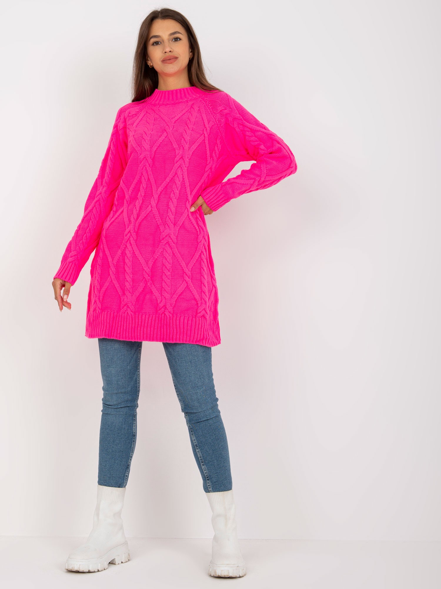 NEONOVĚ RŮŽOVÉ PLETENÉ ŠATY LC-SW-8012.88P-FLUO PINK Velikost: ONE SIZE